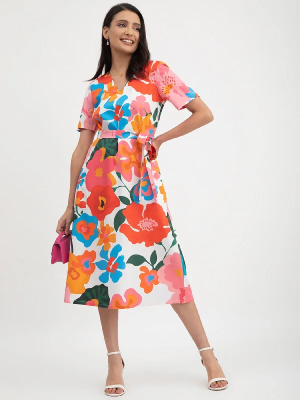 Cotton Satin Floral Print Dress - Multicolour Formal floral dresses