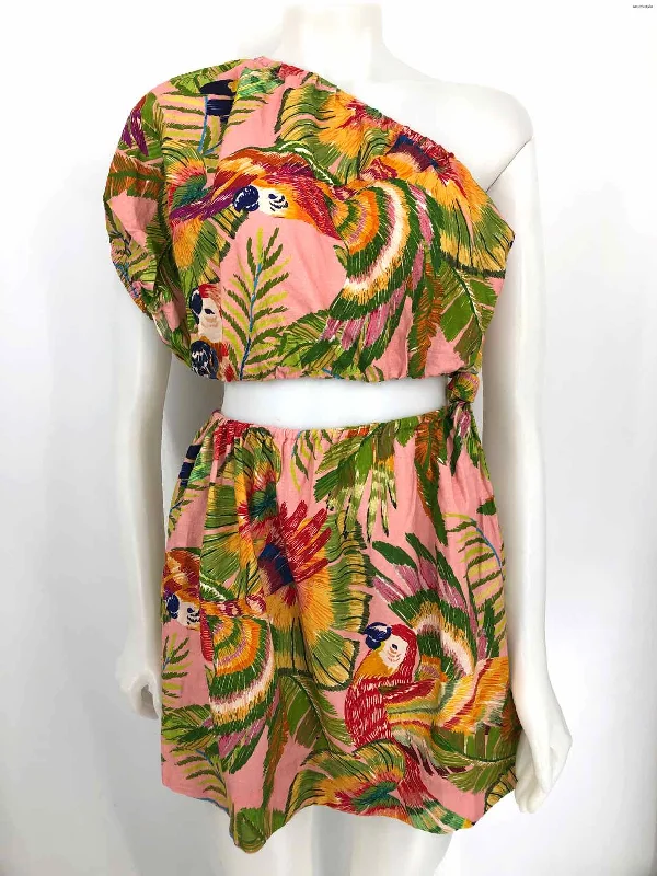 FARM RIO Pink & Green Multi-Color Linen Tropical Print Bare Midrift Dress Anniversary floral dresses