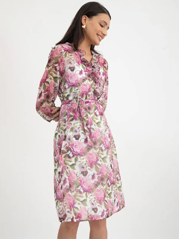 Floral Print Chiffon Dress - White And Purple Zara floral dresses