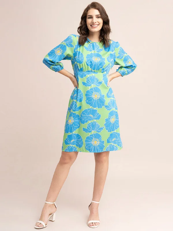 Floral Print Empire Line Dress - Blue And Green Satin floral dresses