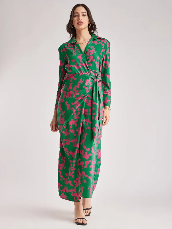 Floral Print Wrap Dress - Green And Pink Brunch floral dresses