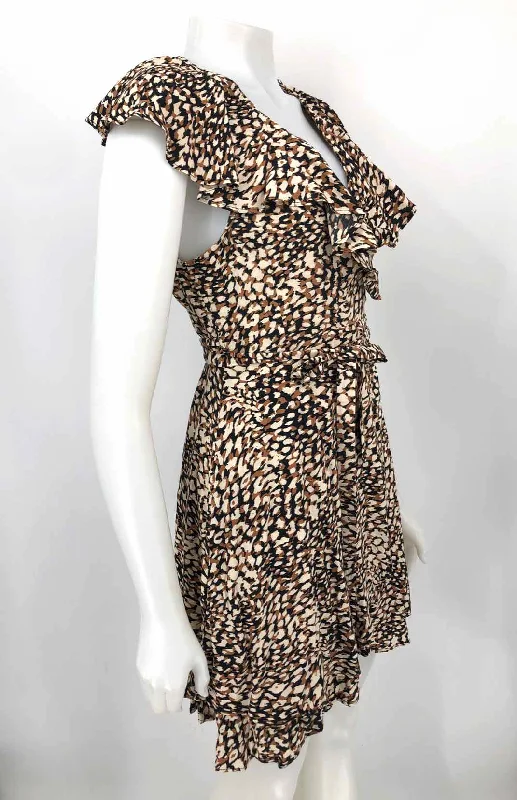 FREE PEOPLE Cream Print Black/Tan Print Ruffle Trim Size SMALL (S) Dress Cheap floral dresses