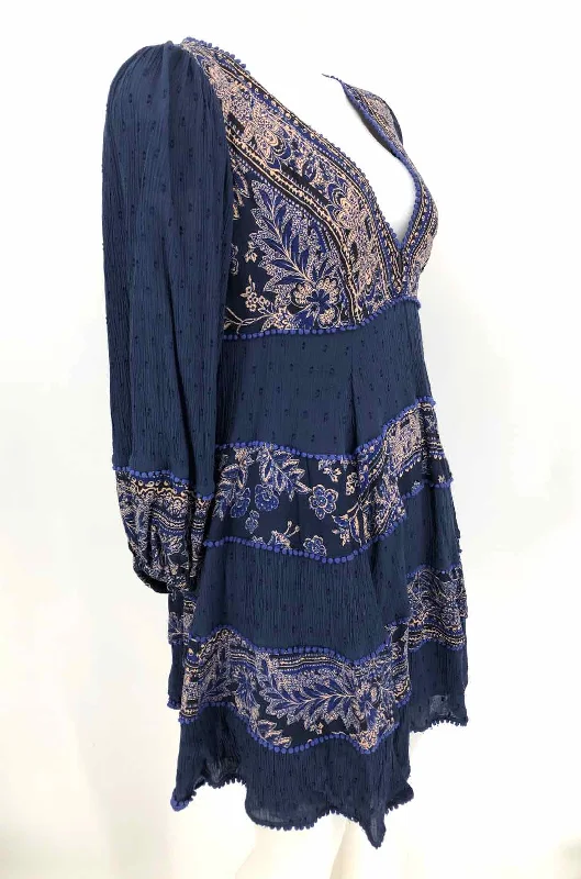 FREE PEOPLE Navy Beige Multi Print Longsleeve Size SMALL (S) Dress Party floral dresses