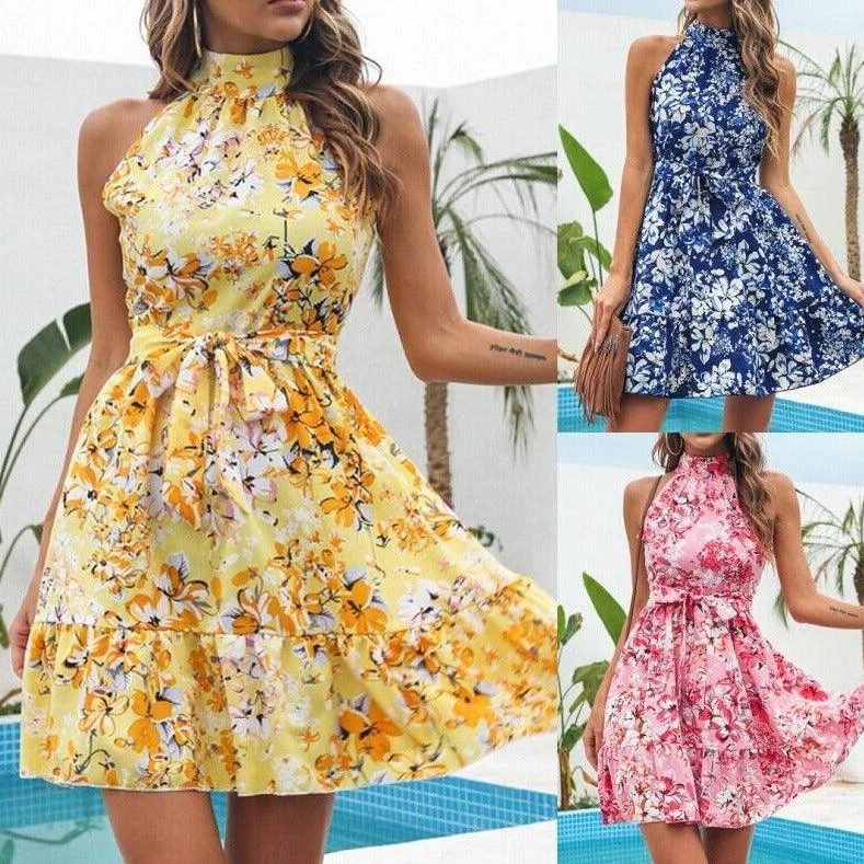 Women Floral Sleeveless Swing Chiffon Holiday Dress Women's trendy floral dresses sale