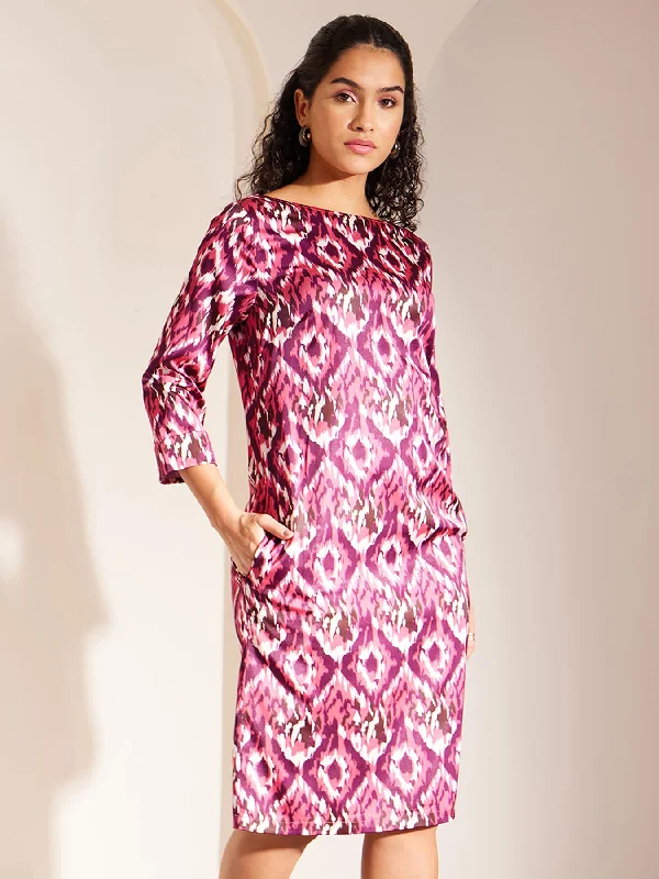 Ikkat Print Boat Neck Dress - Pink And Purple Garden party floral dresses