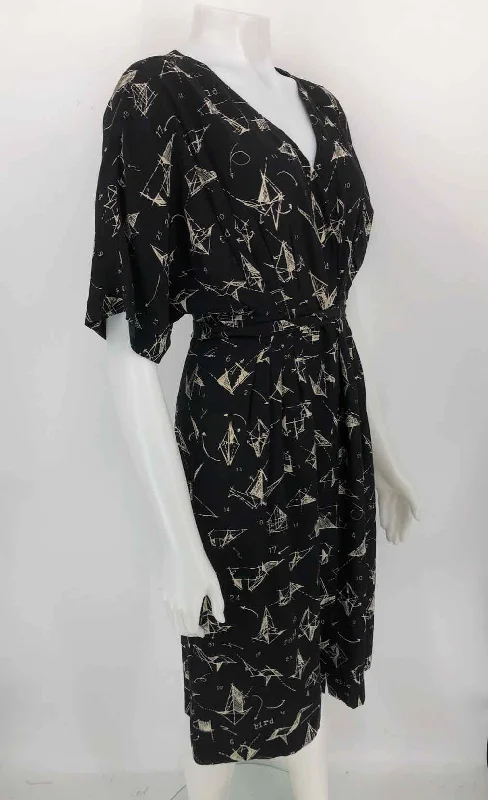 MOULINETTE SOEURS Black Beige Silk Origami Print Size 4  (S) Dress Cheap floral dresses