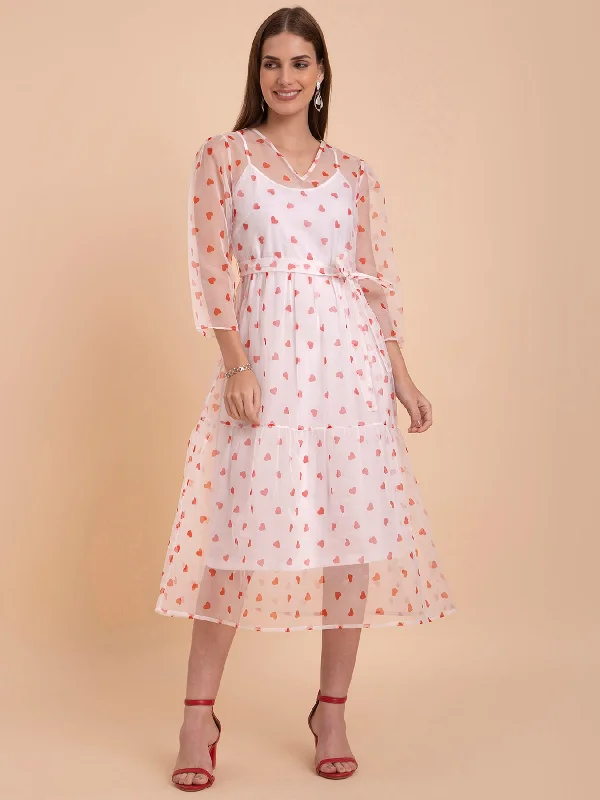 Organza Heart Print Tier Dress - White And Red Discounted floral dresses