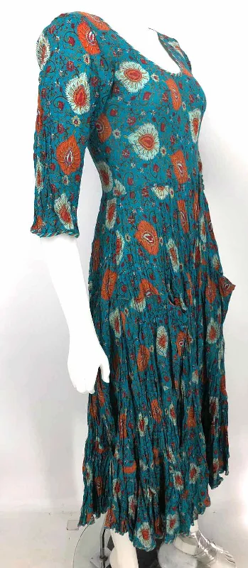 PASSEMENTRIE Turquoise Orange Multi Floral Print Longsleeve Size XXS  (XS) Dress Retro floral dresses