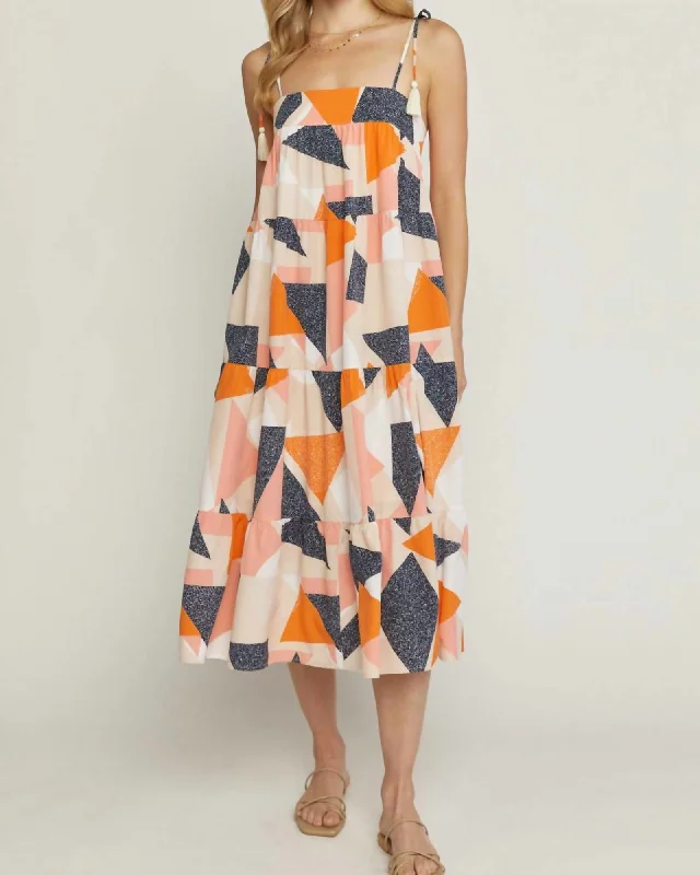 Printed Square Neck Dress In Peach/Blue | Peach/Blue Plus size floral dresses