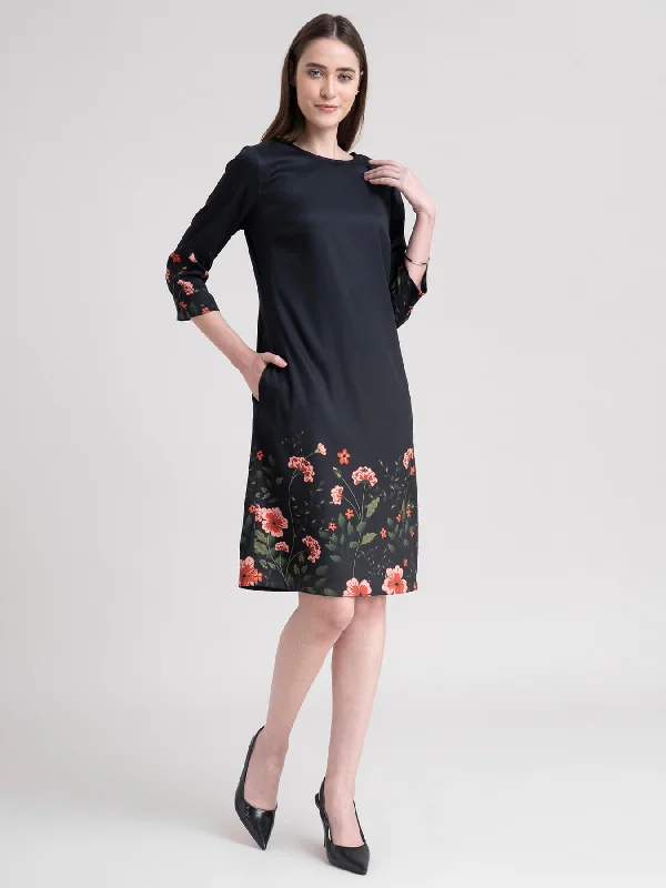 Round Neck Floral Print Shift Dress - Black And Green Discounted floral dresses