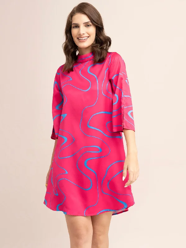 Satin Abstract Print Shift Dress - Fuchsia And Blue Anniversary floral dresses