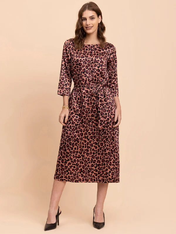 Satin Animal Print A-Line Dress - Brown and Black Velvet floral dresses