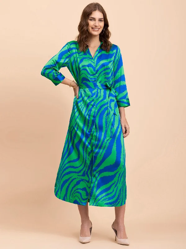 Satin Animal Print A-Line Dress - Royal Blue and Green Best floral dresses for casual outings