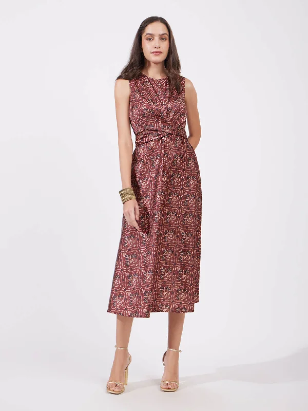 Satin Festive Print Dress - Maroon Vintage floral dresses