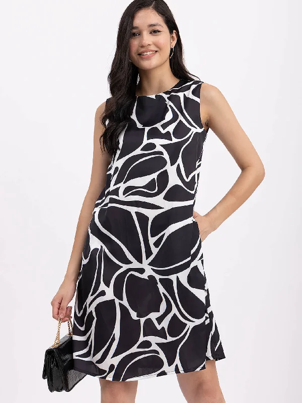 Satin Floral A Line Dress - Black And White Versatile floral dresses for all occasions