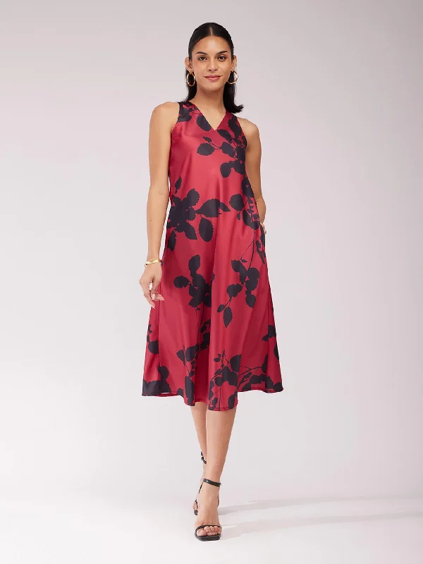 Satin Floral Dress - Maroon Budget-friendly floral dresses