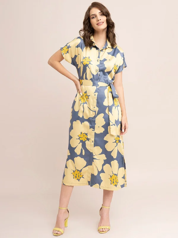 Satin Floral Print Shirt Dress - Yellow And Grey Retro floral dresses