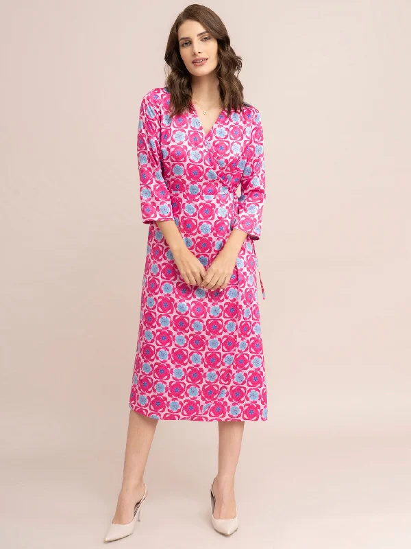 Satin Floral Print Wrap Dress - Fuchsia Cute floral print summer dresses