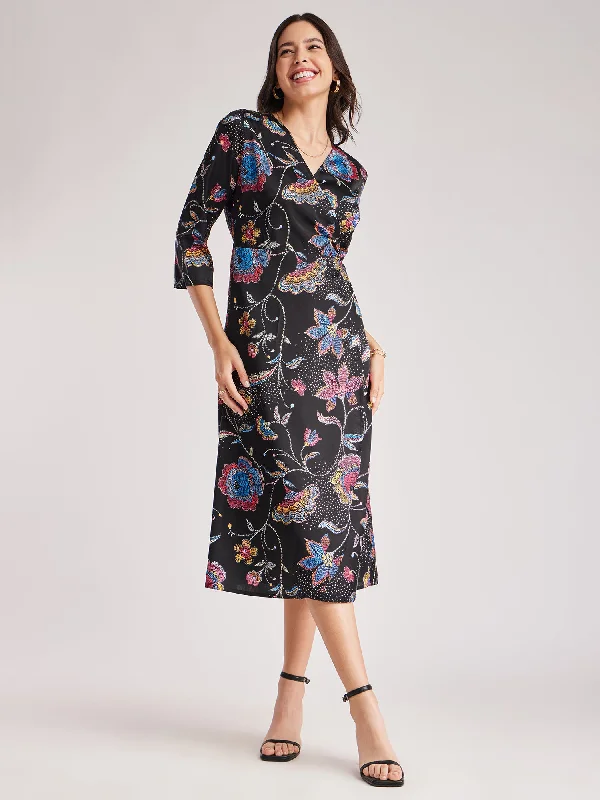 Satin Floral Wrap Dress - Black And Multicolour Hot new arrivals in floral dresses