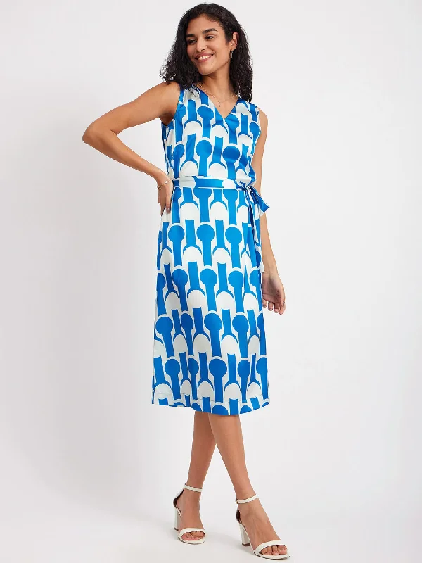 Satin Geometric Print Dress - Blue And White Hot new arrivals in floral dresses