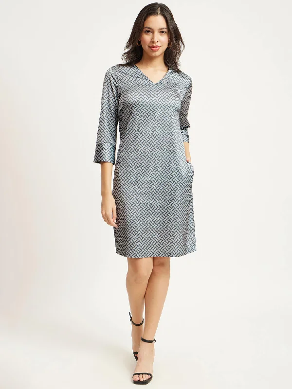 Satin Geometric Print Shift Dress - Grey Wrap floral dresses