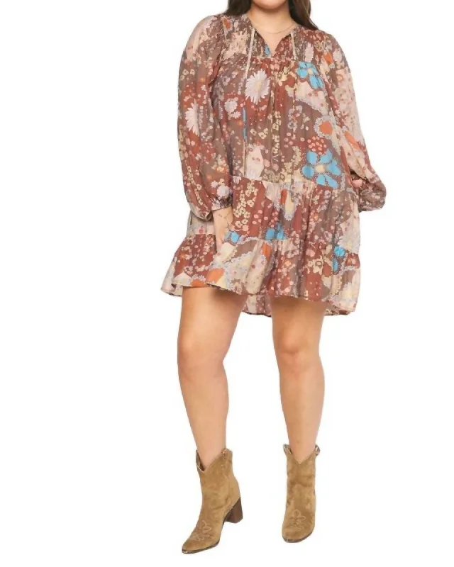 Show Me The Way Print Dress In Brown | Brown Cocktail floral dresses