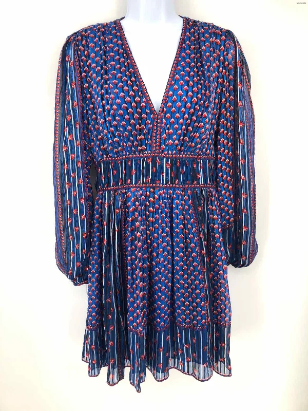 ULLA JOHNSON Blue Red Multi Silk Print Longsleeve Size 10  (M) Dress Silk floral dresses