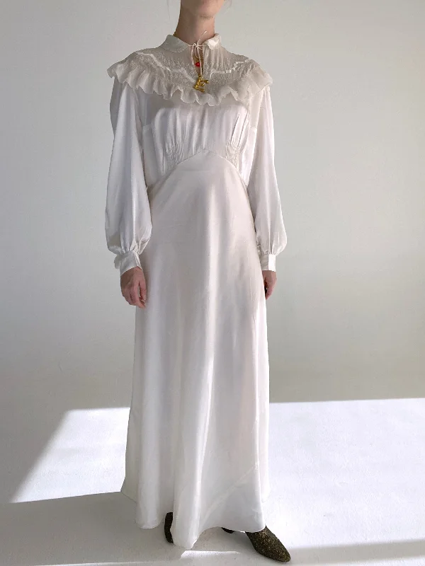 1930's White Silk Satin Long Sleeve Dress Cotton Maxi Skirt