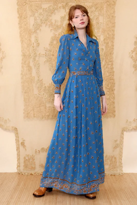 1940s Cornflower Blue Rayon Maxi XXS Comfortable Maxi Look