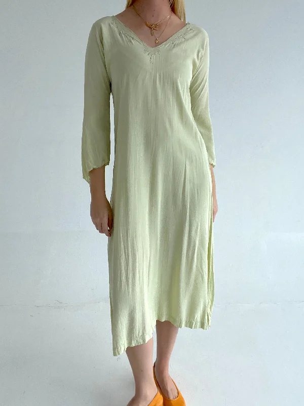 1940's Silk Long Sleeve Pale Green Butterfly Dress Cozy Maxi Dress