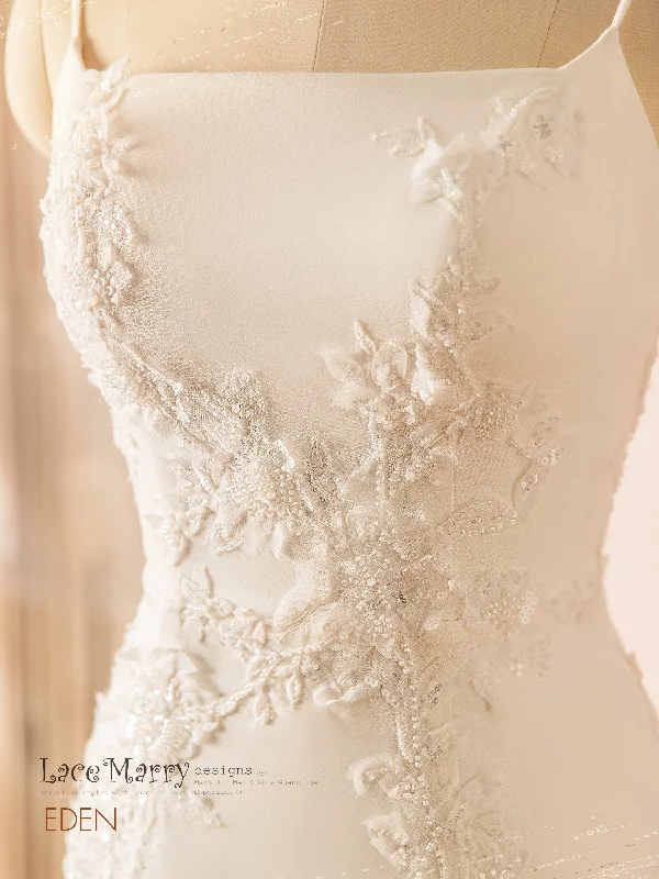 EDEN / Straight Neckline Wedding Dress with Romantic Lace Train Lace Skater Dress