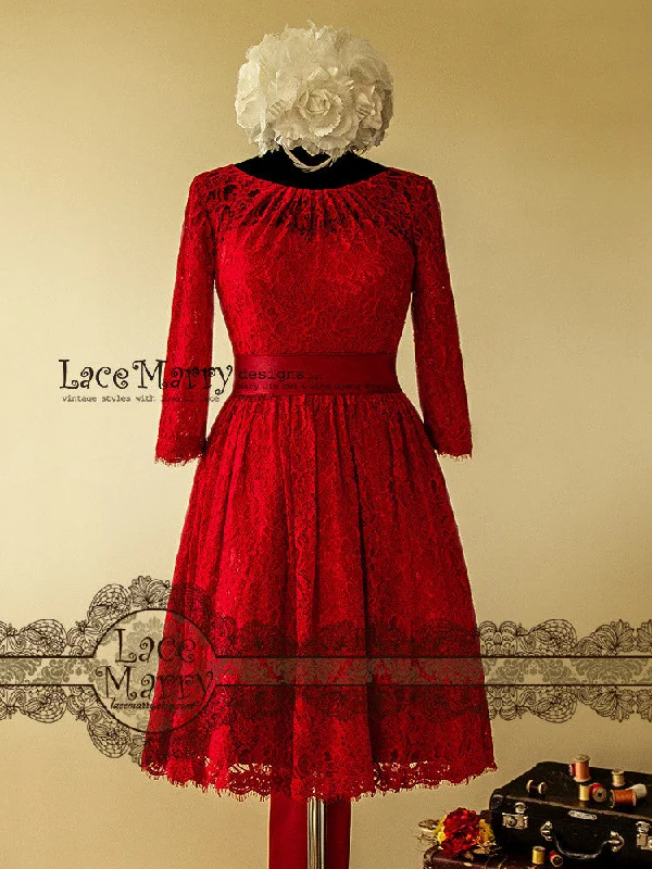 Excellent Knee Length Red Lace Wedding Dress Off-shoulder Lace Dress