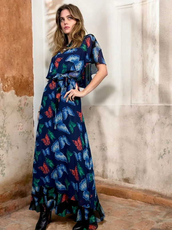 Fauna, 70s butterfly print belted long dress Maxi Skirt Trendy