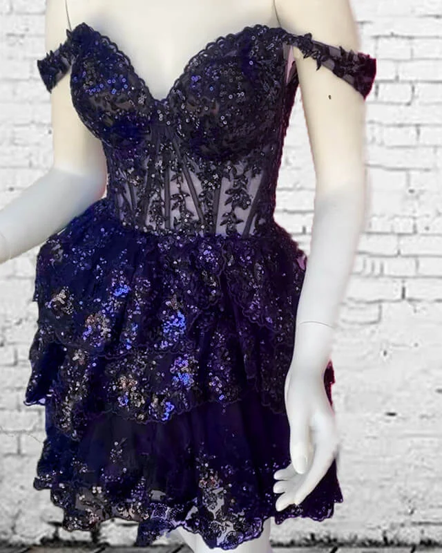 Navy Blue Lace Ruffle Homecoming Dress Soft Lace Dress