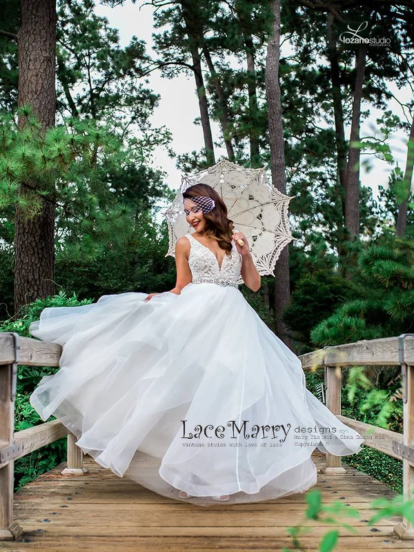 Airy A Line Wedding Dress with Lace Top with Deep V Off-shoulder Lace Dress