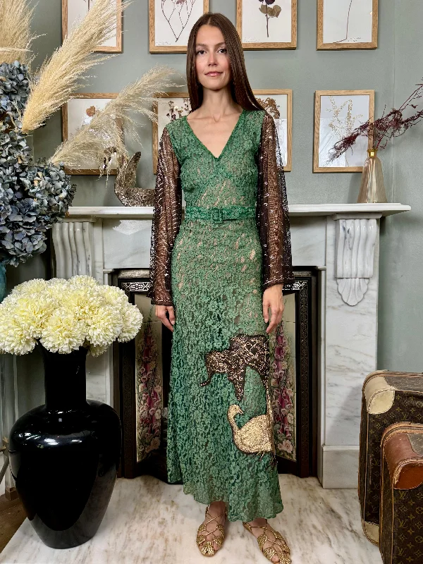 Iona, 30s green lace and assuit embroidered dress Lace Shift Dress