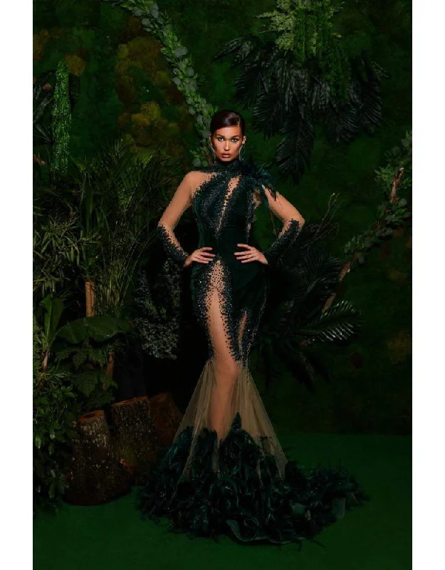 Luxury Dark Green Evening Gown with Lace Lace A-line Dress