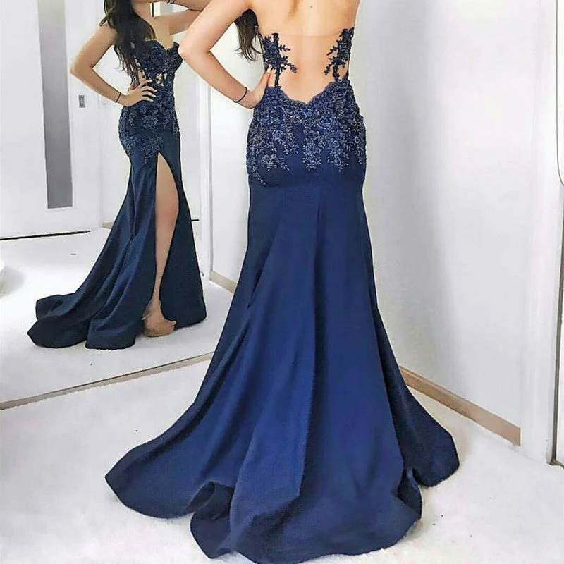 Navy Blue Lace Appliques Sweetheart Mermaid Evening Gowns With Leg Slit Elegant Lace Gown