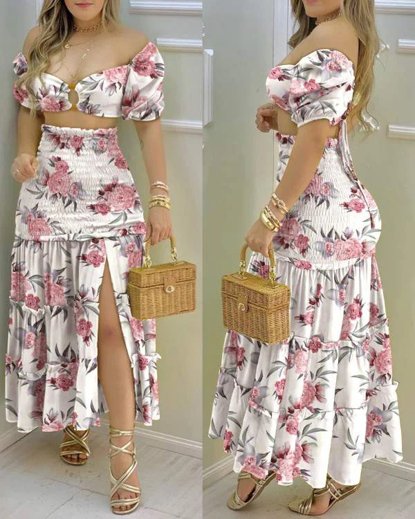 ORing Crop Top Frill Hem Shirred Slit Maxi Skirt Set Printed Maxi Skirt