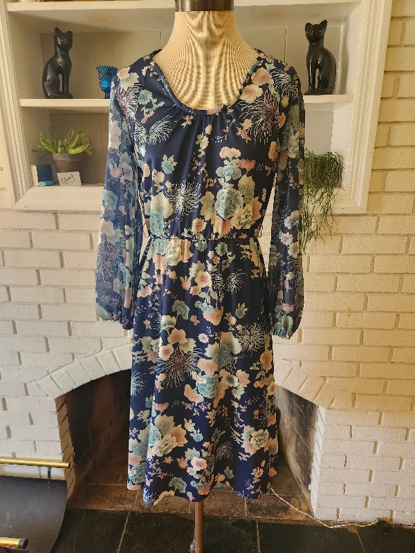 Vintage Long Sleeve Floral Print Dress Front Slit Skirt