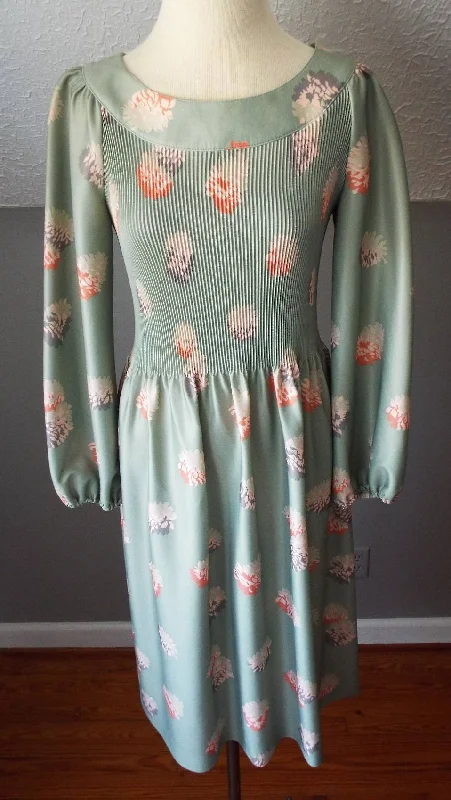 Vintage Long Sleeve Green Floral Print Dress by Andrea Gayle Casual Long Skirt