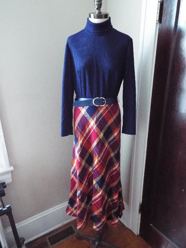 Vintage Long Sleeve Plaid Dress Printed Long Skirt