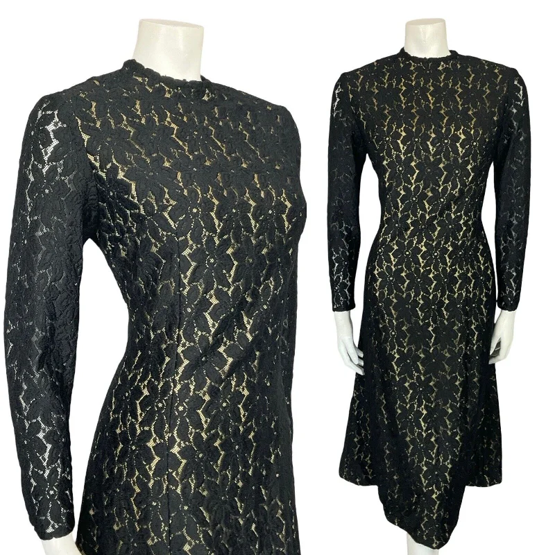 VTG 60S 70S BLACK EVENING LACE HANDMADE LONG SLEEVE PARTY MIDI DRESS 10 12 Maxi Skirt Casual