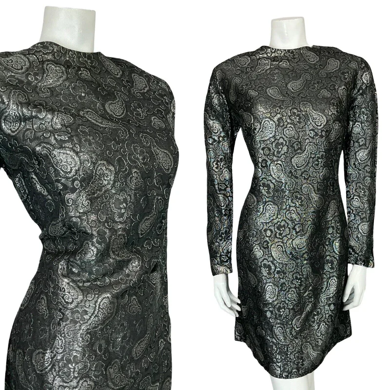 VTG 60S 70S GREY SILVER PAISLEY FLORAL BROCADE LONG SLEEVE PARTY MINI DRESS 14 Soft Pleated Maxi