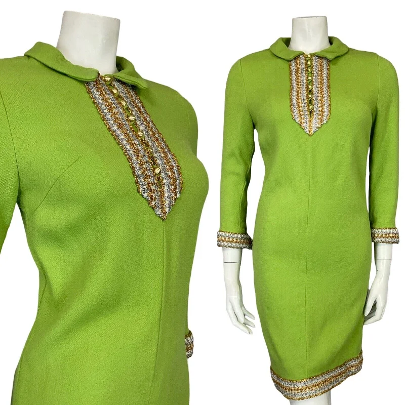 VTG 60S LIME GREEN GOLD SILVER LONG SLEEVE HIPPY BOHO PARTY TUNIC MIDI DRESS 4 6 Maxi Skirt Trend