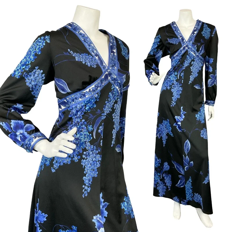 VTG 70S BLACK BLUE FLORAL PLUNGING NECKLINE BOHO HIPPY MAXI LONG SLEEVE DRESS 16 Button-down Maxi Skirt