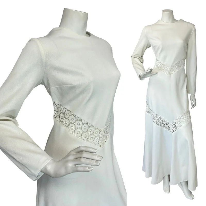 VTG 70S BOHO HIPPY WHITE LACE BRIDAL LONG SLEEVE MAXI DRESS 10 12 Skirt with Slits