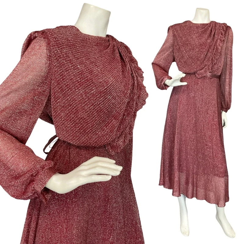 VTG 70S BURGUNDY LUREX LONG SLEEVE BLOUSON TIE WAIST PARTY DRESS 10 12 Front Pocket Maxi