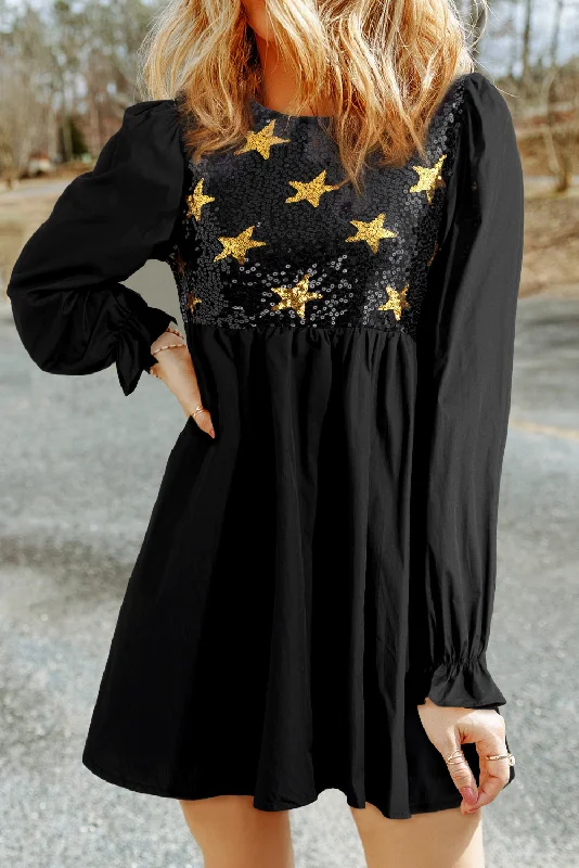 Black Sequined Stars Flounce Sleeve Ruffled Babydoll Dress Bodycon Sequin Dress