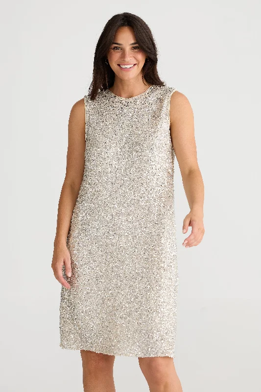 Brave and True Show Stopper Swing Dress Champagne Sequin Sequin Dress Fit